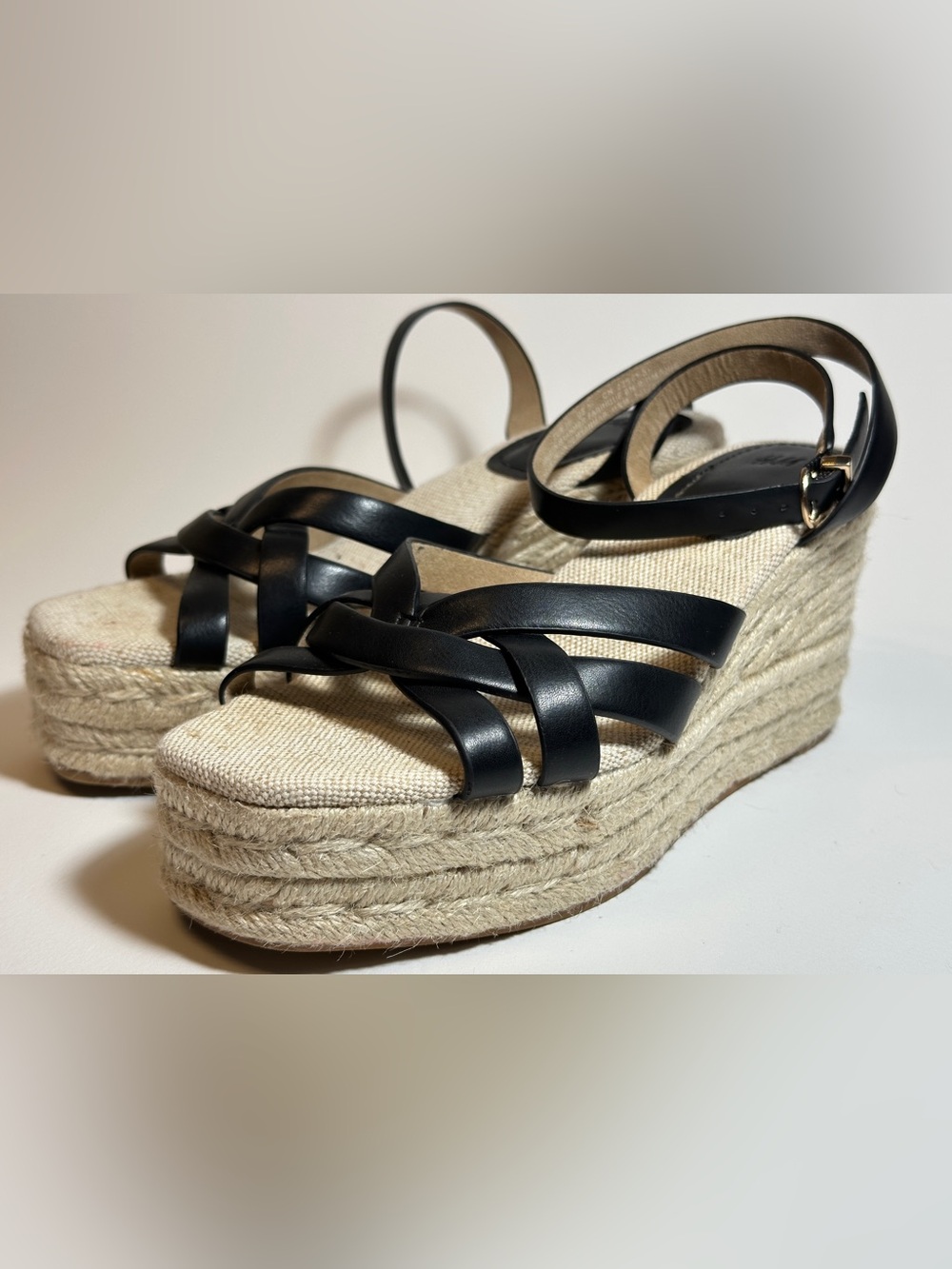 H&M Black Leather Strap Espadrille Wedge Sandals - Women